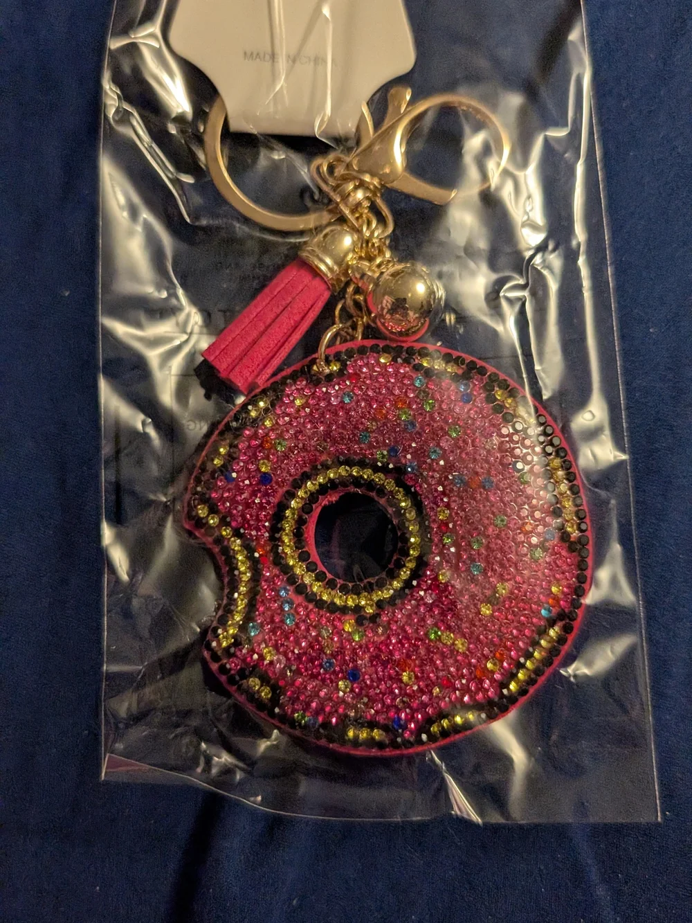 Pink Donut Tassel Keychain Bag Charm - Gold Hardware